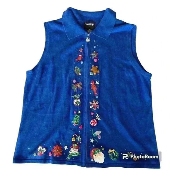 Y2K Christmas Vest Ugly Christmas Sweater Sleeveless Cardigan Size XL Zip Up - Picture 1 of 10
